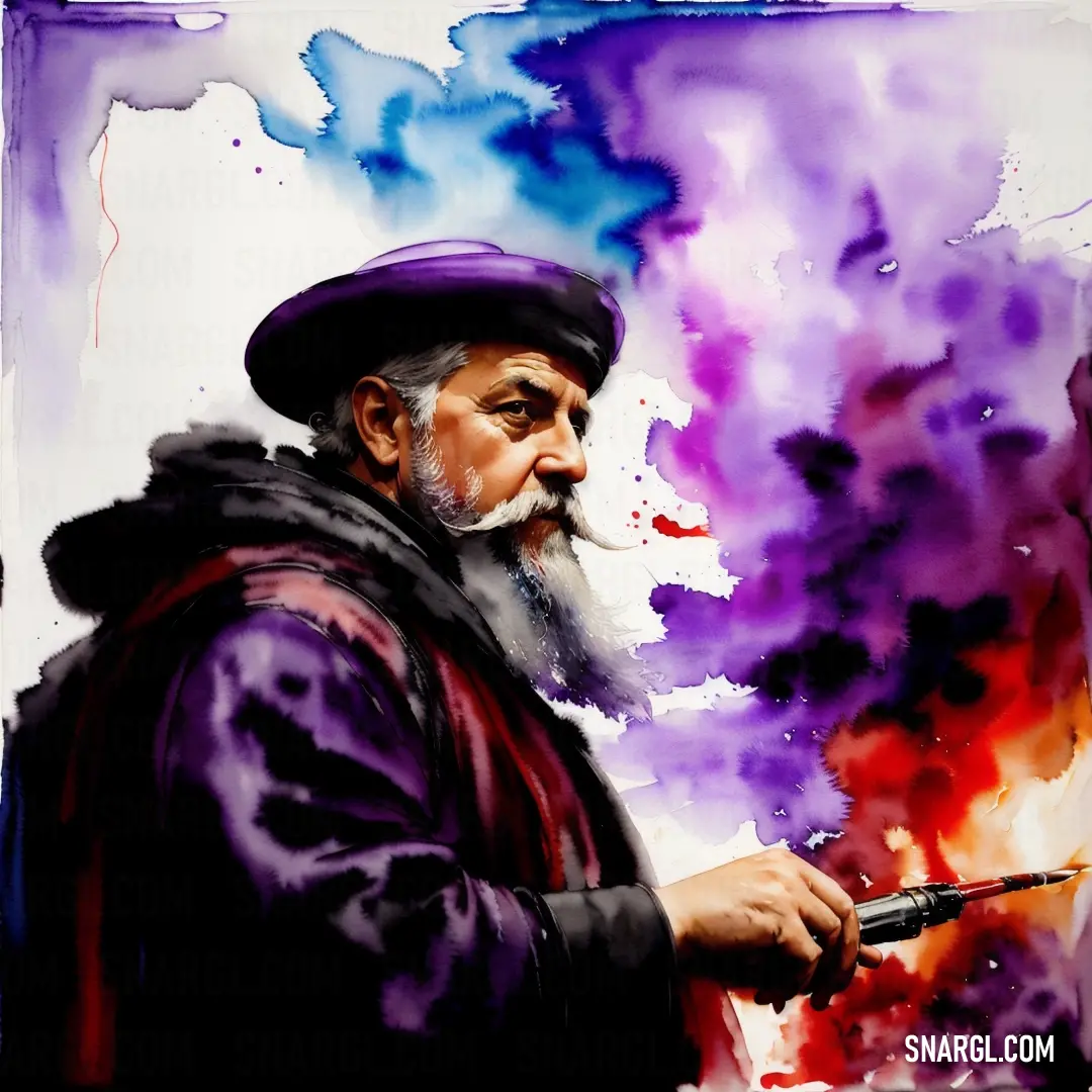 Painting of a man with a long beard and a purple hat holding a paintbrush in his hand