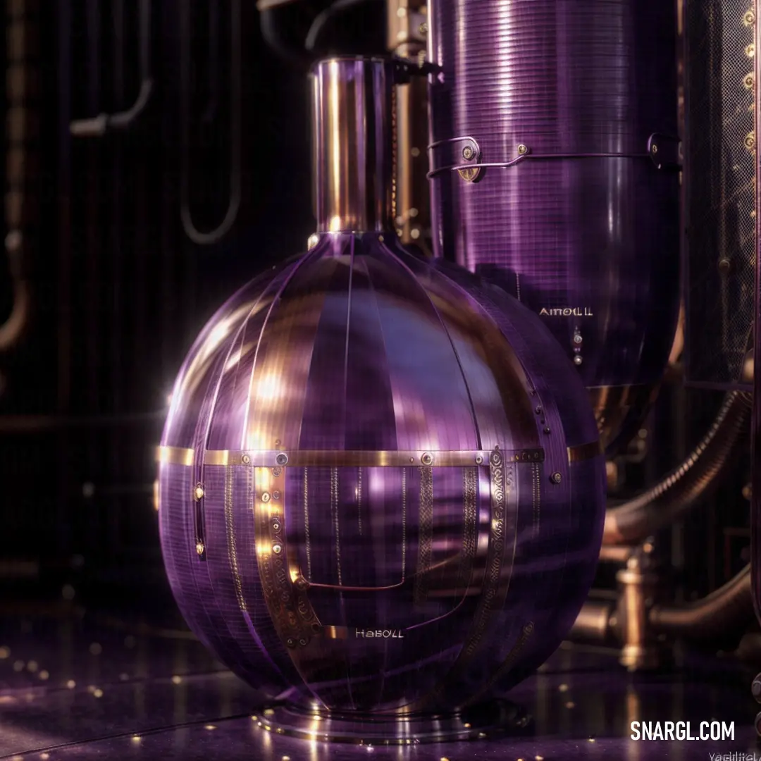 Purple and gold sphere shaped object on a shiny surface next to a large metal tank with a steam engine in the background