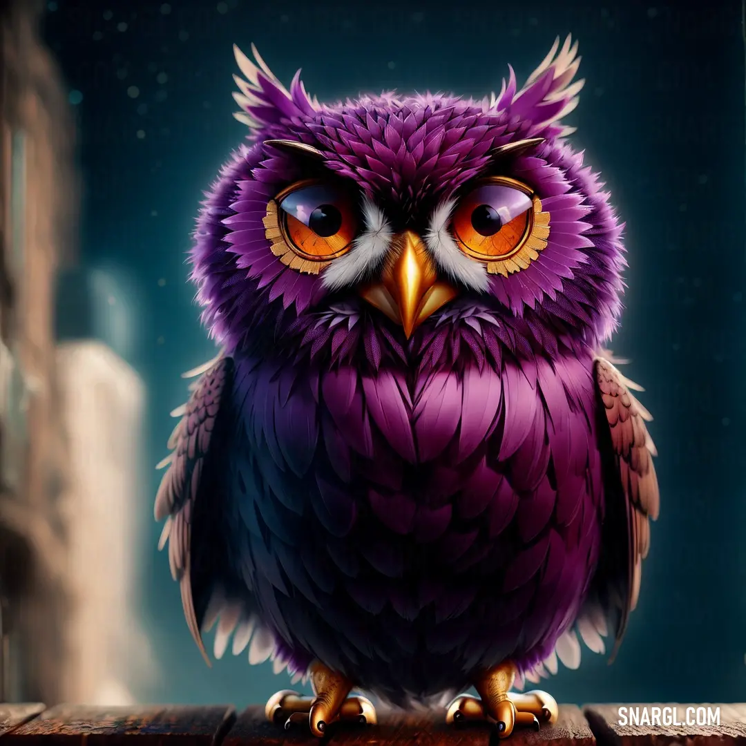 Purple owl with orange eyes on a wooden ledge in front of a building at night with a full moon