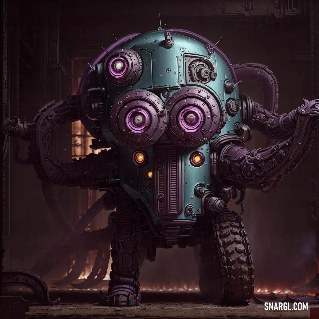 Robot with glowing eyes and a large body of metal parts on its body