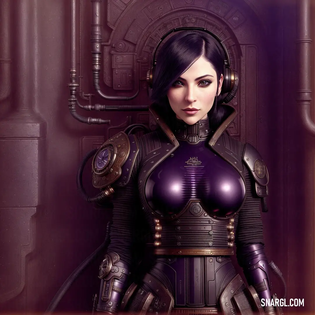 Woman in a futuristic suit standing in a doorway with a steampunky background and pipes coming out of her chest