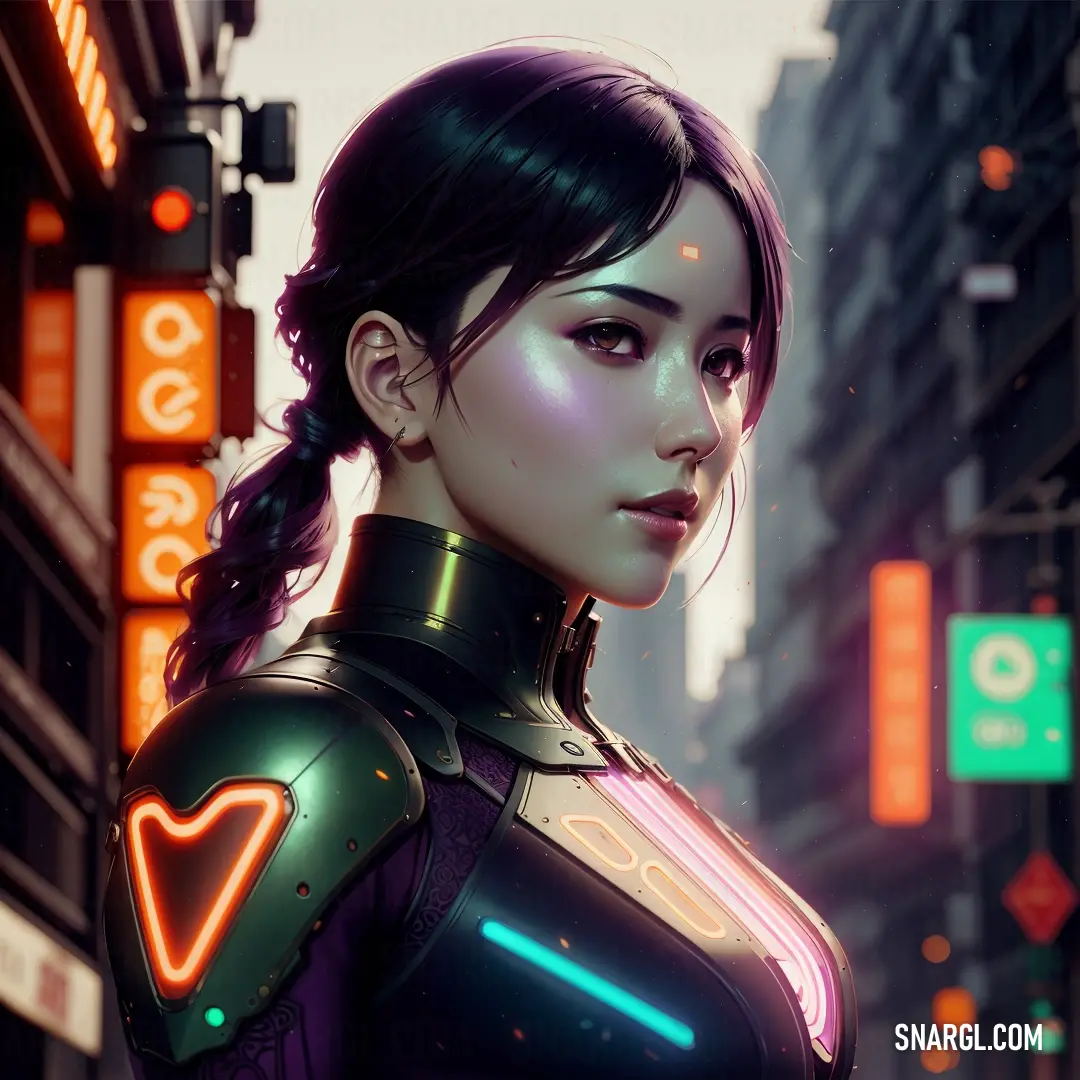 Woman in a futuristic suit standing in the street with neon lights on her chest