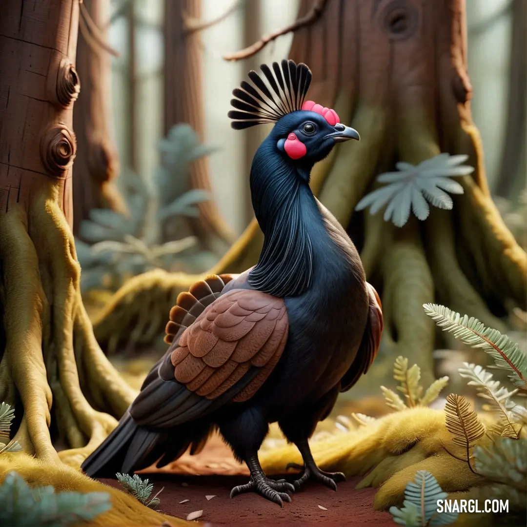 Capercaillie with a red beak standing in a forest with trees and ferns in the background