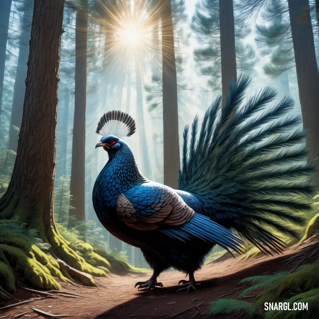 Blue Capercaillie with a long tail standing in a forest with trees and grass on the ground and sun shining through the trees
