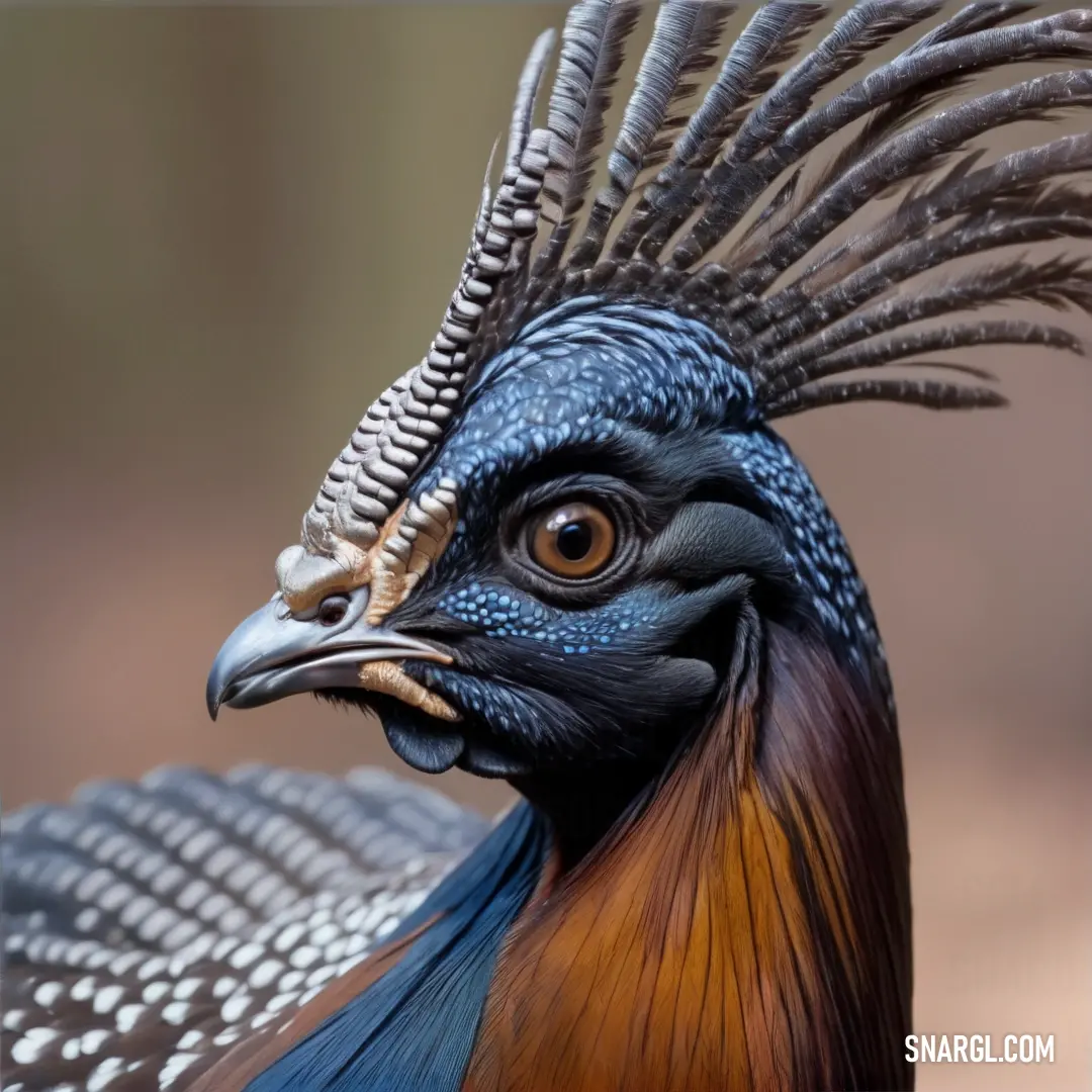 Close up of a Capercaillie with a very large feather on its head and a blue and orange tail