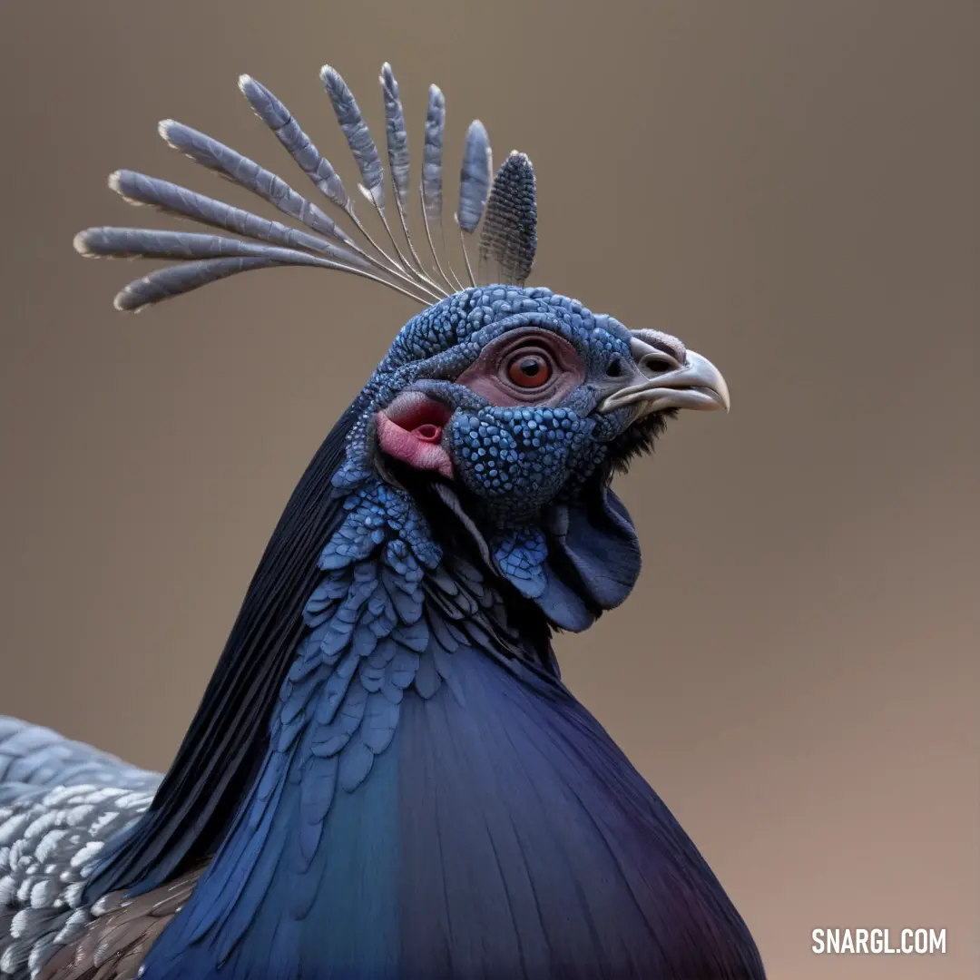 Close up of a blue Capercaillie with a long tail and a large, black beak with a red eye