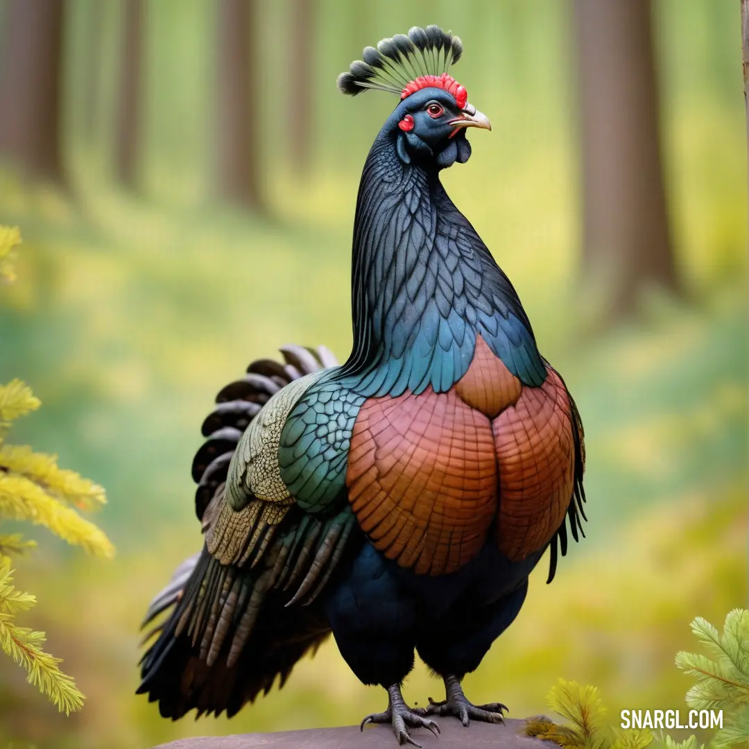 Colorful Capercaillie standing on a rock in a forest with pine trees in the background