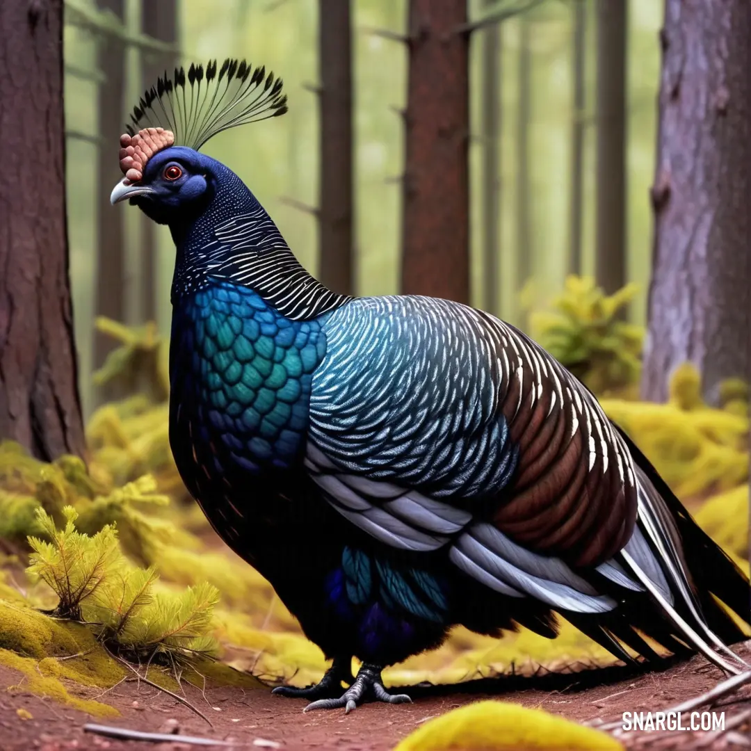 Colorful Capercaillie standing in the middle of a forest with moss and trees in the background