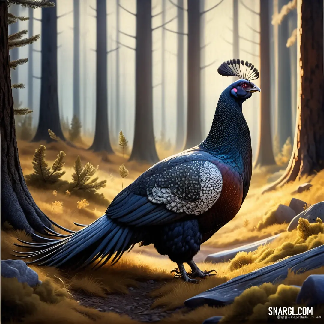 Painting of a peacock in a forest with trees and rocks in the background