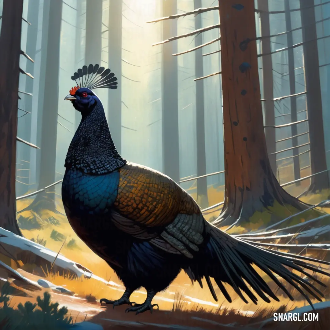Painting of a peacock in a forest with trees in the background