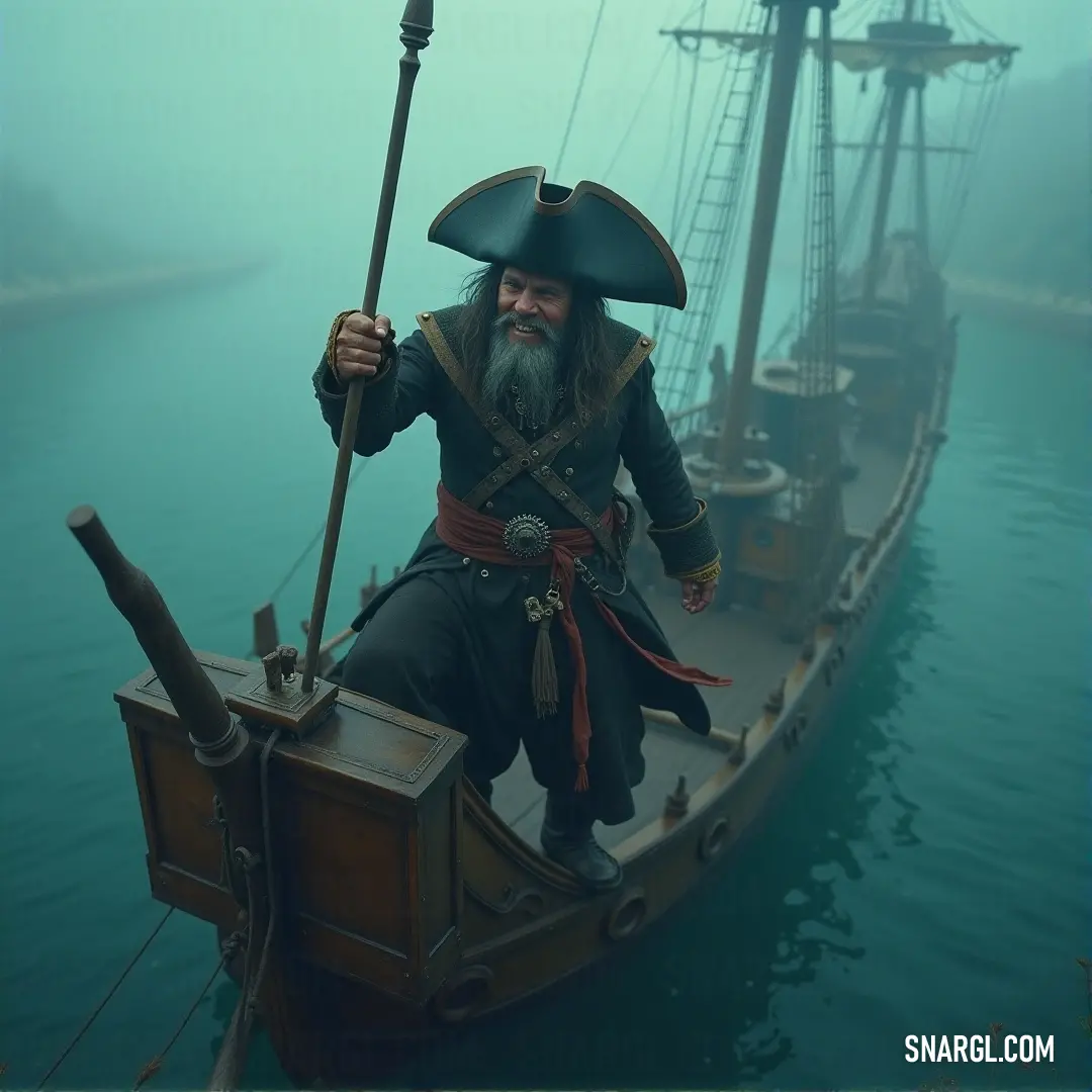 On a boat in the open water, Cap’n LeChuck confidently holds a staff and staffel, ready to confront whatever dangers may arise as he sails toward uncharted territory. Cap’n LeChuck stands firmly on his boat, gripping a staff and a staffel in his hands. The calm waters stretch around him, reflecting the sky as he navigates toward unknown shores, prepared for any challenge that lies ahead.