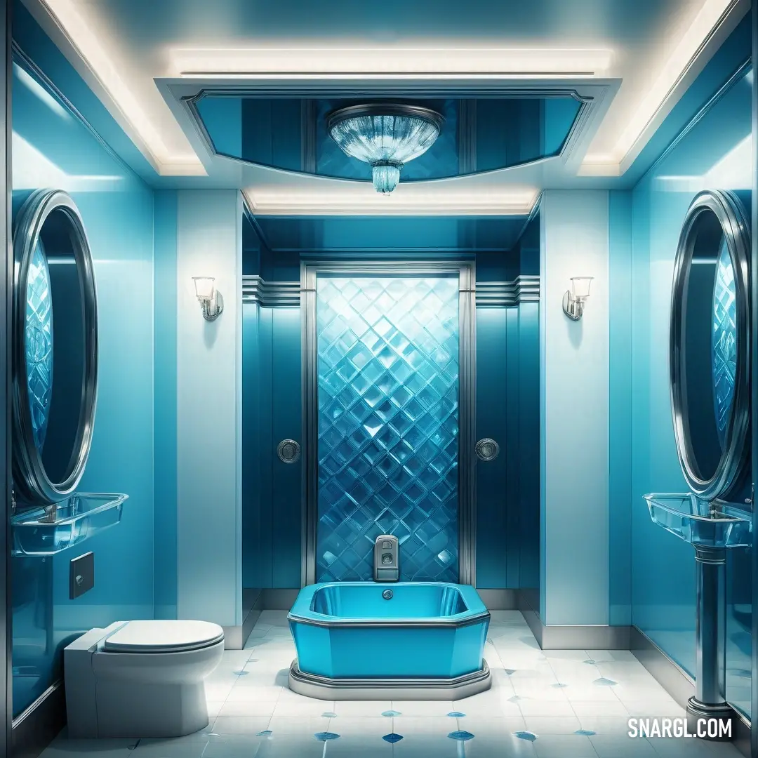 Bathroom with a blue tub and a toilet and sink in it and a mirror above it and a toilet. Example of CMYK 100,25,0,0 color.