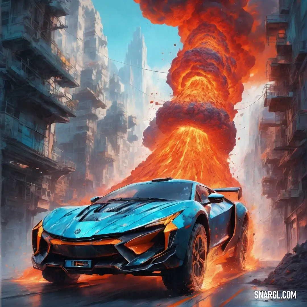 Blue sports car driving through a city with a lot of fire coming out of it's back. Example of RGB 0,191,255 color.