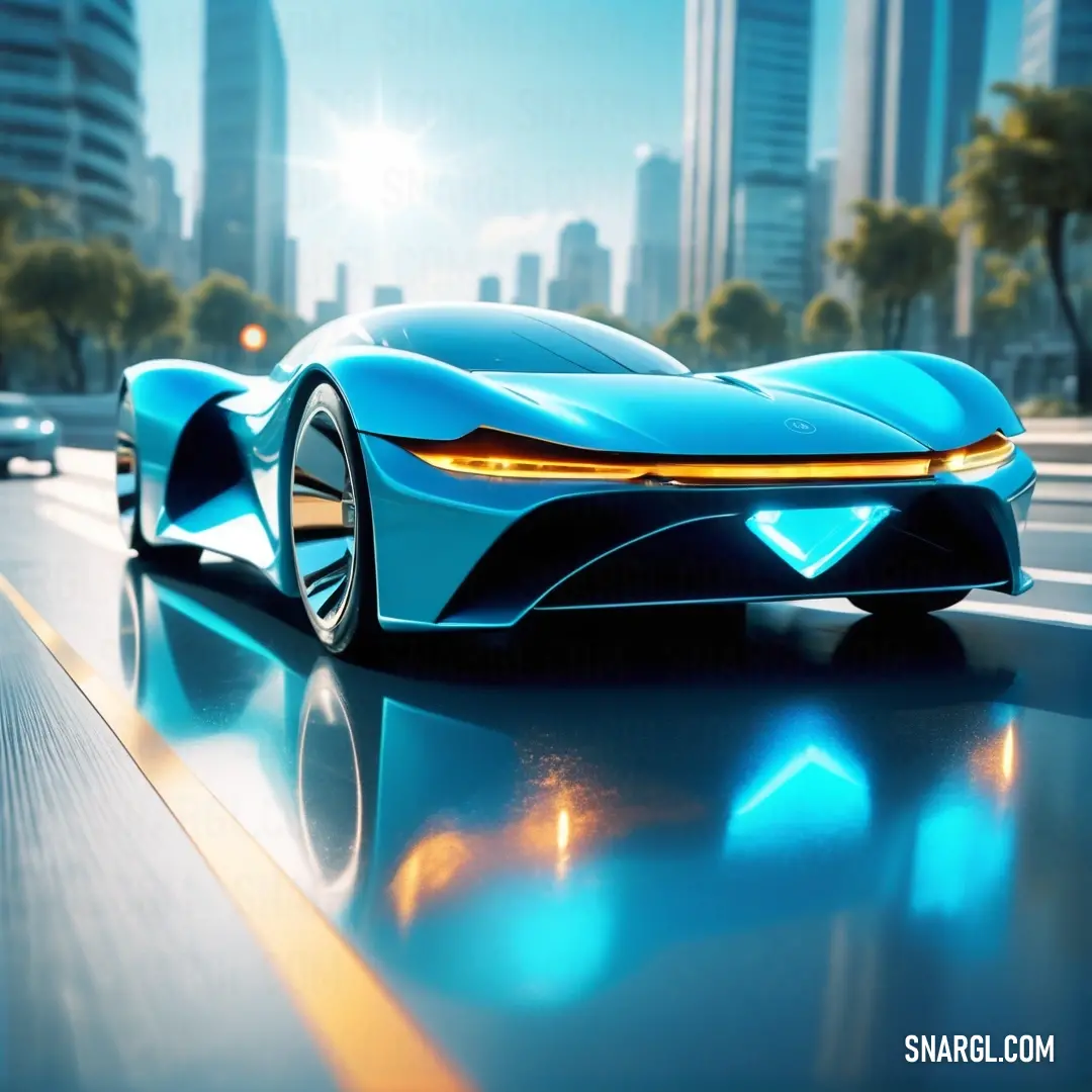 Capri color. Futuristic car driving down a city street with tall buildings in the background