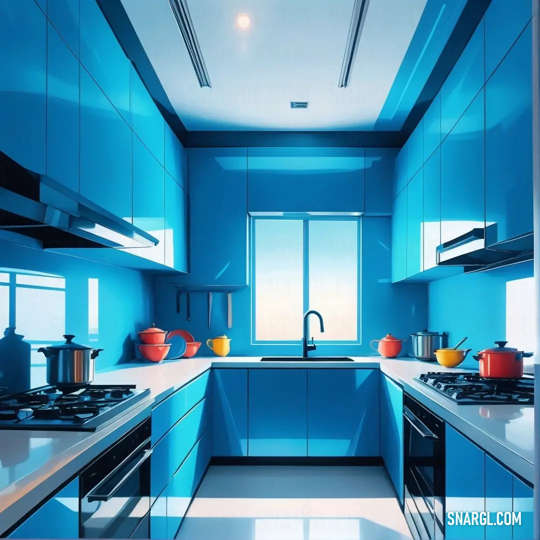 Kitchen with blue walls and counters and a sink and stove top oven and a window with a view of the ocean. Example of Capri color.