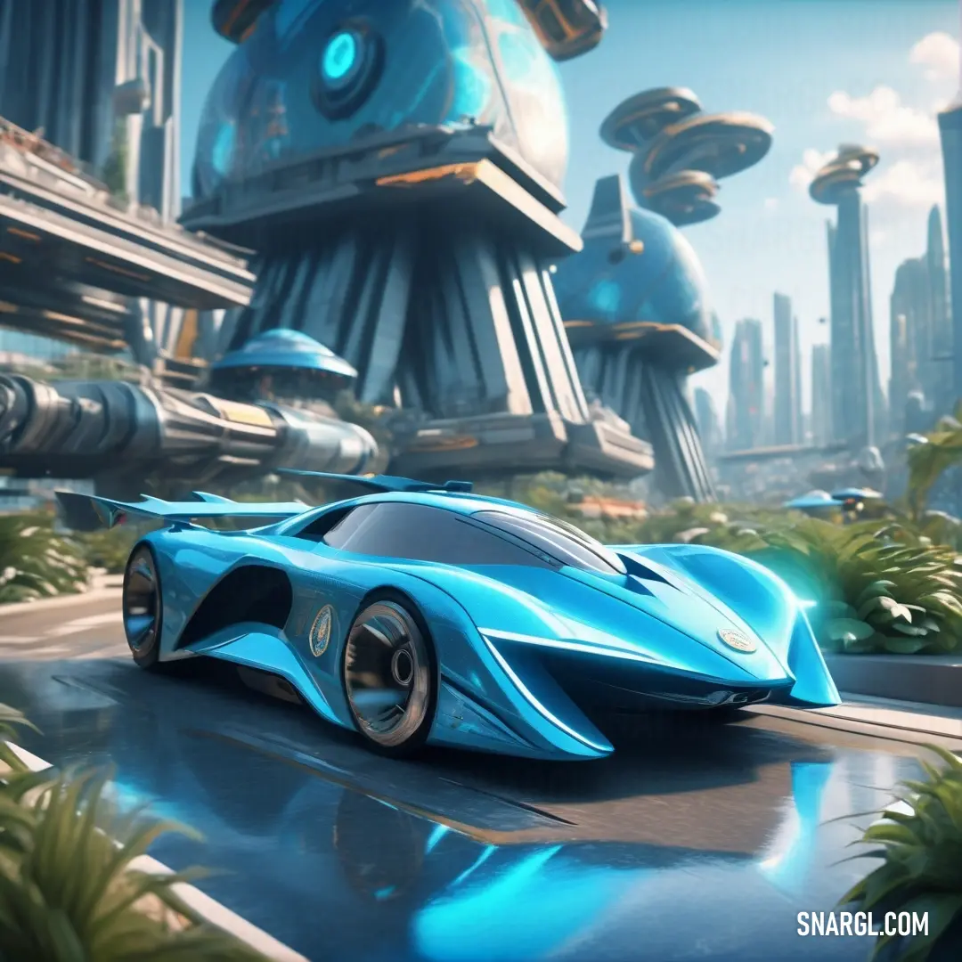 Futuristic car driving through a futuristic city. Example of CMYK 100,25,0,0 color.