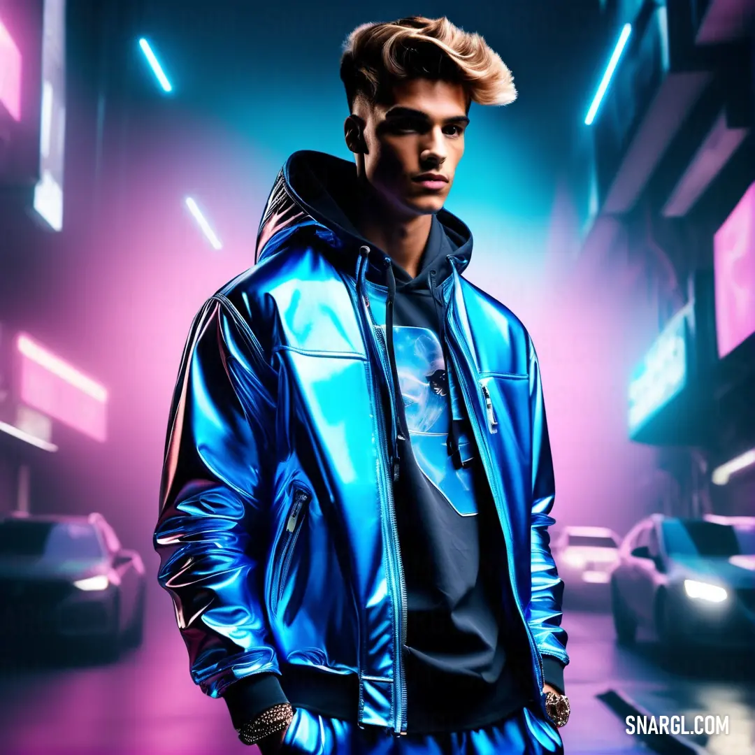 Man in a blue jacket standing in a dark alley way with neon lights on the walls behind him. Color Capri.