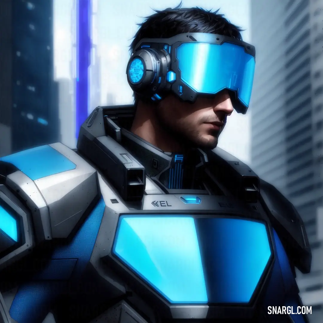 Man in a futuristic suit with headphones on and a futuristic city in the background with skyscrapers