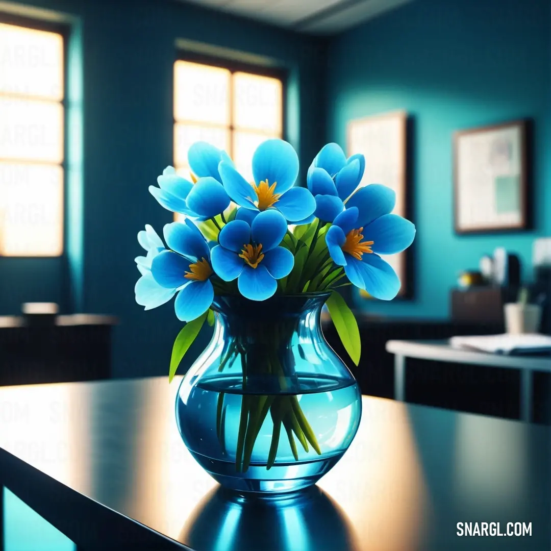 Vase filled with blue flowers on top of a table next to a window with blue walls and windows. Color RGB 0,191,255.