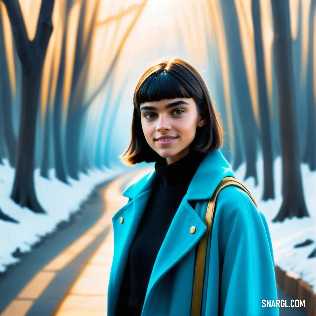Capri color. Woman standing in a snowy forest with a blue coat on and a yellow purse on her shoulder