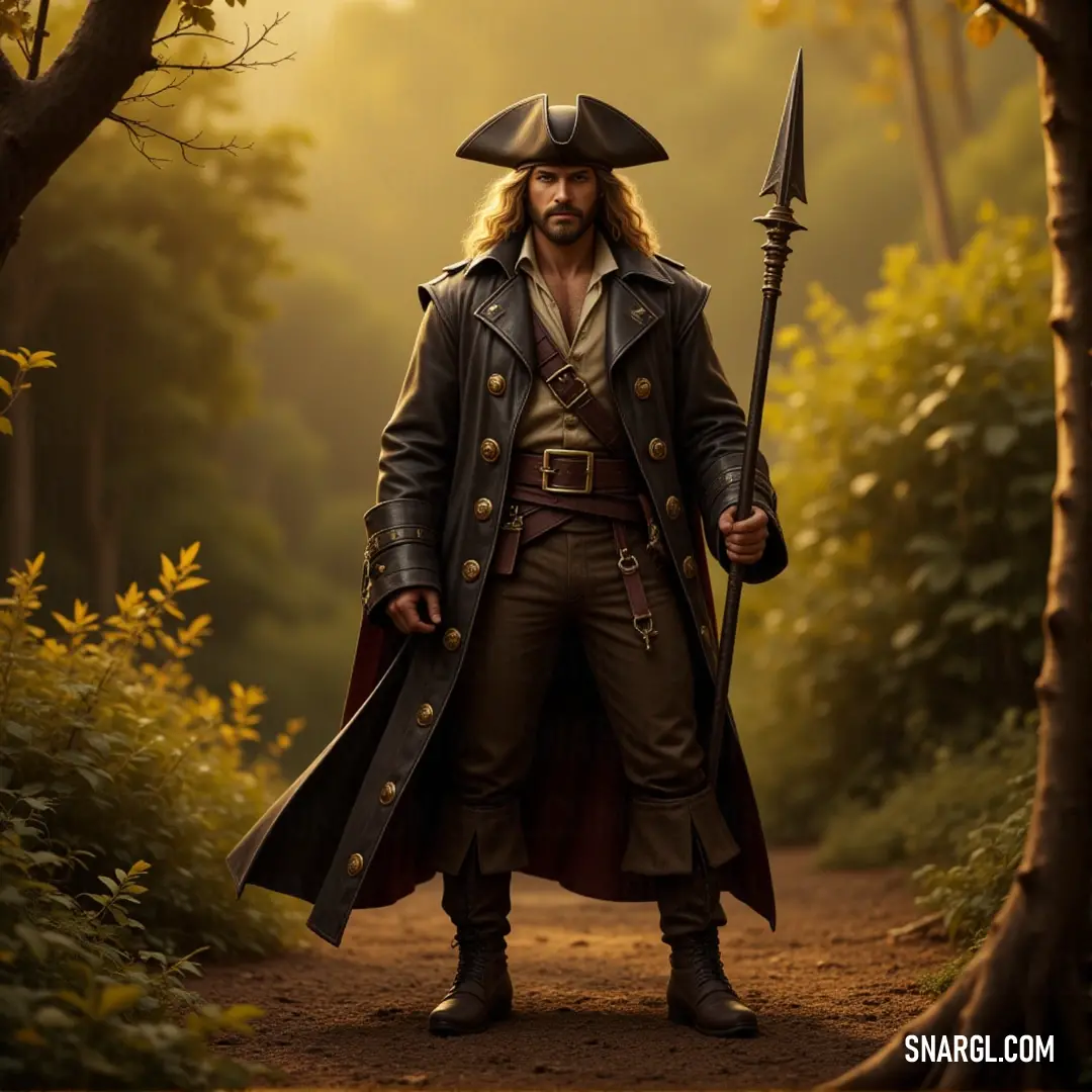 A pirate captain, sword drawn, stands confidently on a forest path, ready for whatever comes next. The vibrant landscape speaks of adventure and untold stories. A pirate captain stands tall on a narrow path, holding a sword in his hand. Dressed in a swashbuckling outfit, the surroundings are lush with greenery, hinting at the adventure and danger ahead.