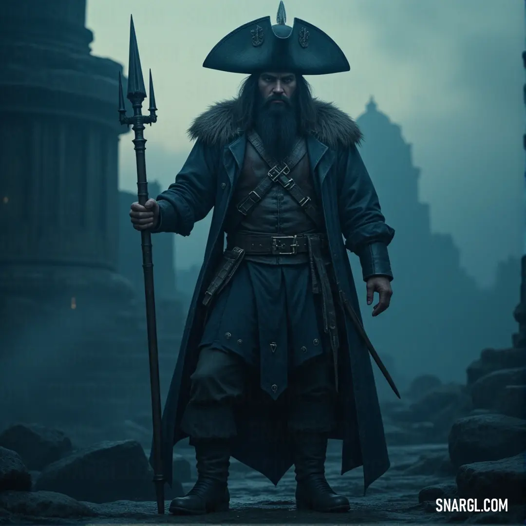 Captain Bepo in a dark outfit with a beard, holding a sword on a ship A fierce Captain Bepo, in a dark outfit with a long, flowing beard, grips his sword tightly as he stands resolute on the deck of his ship, exuding power and authority.