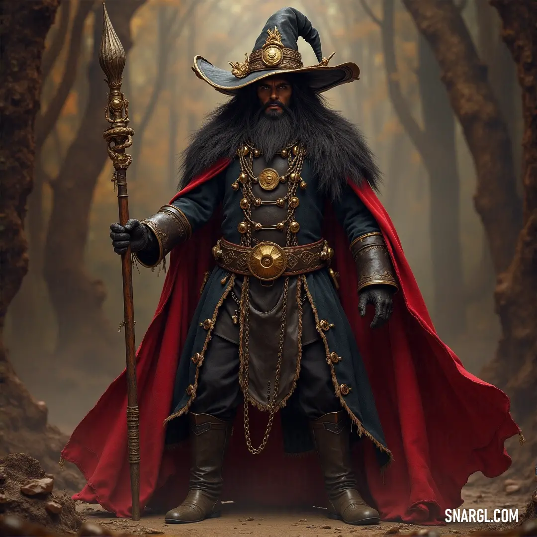 Captain Blood, dressed in a regal pirate costume, stands with a staff in hand amidst a lush forest, with towering trees and falling leaves creating a peaceful yet mysterious atmosphere around him.