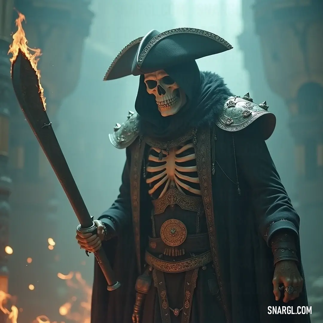 Shrouded in the shadows of towering skyscrapers, Captain Bones, with sword and flame, commands attention; a bold figure illuminating an urban landscape - symbolizing courage amidst the nocturnal chaos. In a bustling dark city, Captain Bones, clad in an extravagant costume, wields a sword in one hand and a smoldering flame in the other, casting an intense glow that starkly contrasts the towering silhouettes of buildings surrounding him.