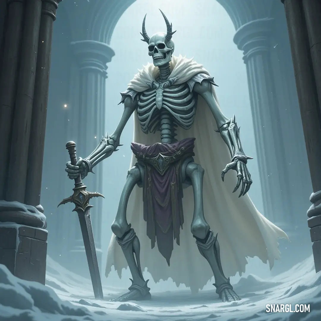 Captain Bones emerges heroically in a snowy realm, sword raised, surrounded by lofty columns, embodying valor and adventure amidst a strikingly serene yet powerful winter backdrop. A bravery figure, Captain Bones, stands defiantly in a snow-laden landscape, gripping a gleaming sword. Majestic columns and ancient pillars rise behind him, hinting at tales of adventure from a distant bygone era, cloaked in mystery and wonder.