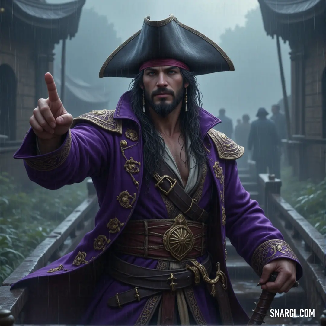 Captain Brook, dressed in his classic pirate attire, points towards the unknown with a confident gesture. His hat and cane add to his commanding presence as he leads his crew on daring adventures. A pirate captain stands proudly, pointing towards the horizon. Dressed in a traditional pirate outfit complete with a hat and cane, he exudes authority and leadership, ready to lead his crew on another high-seas adventure.