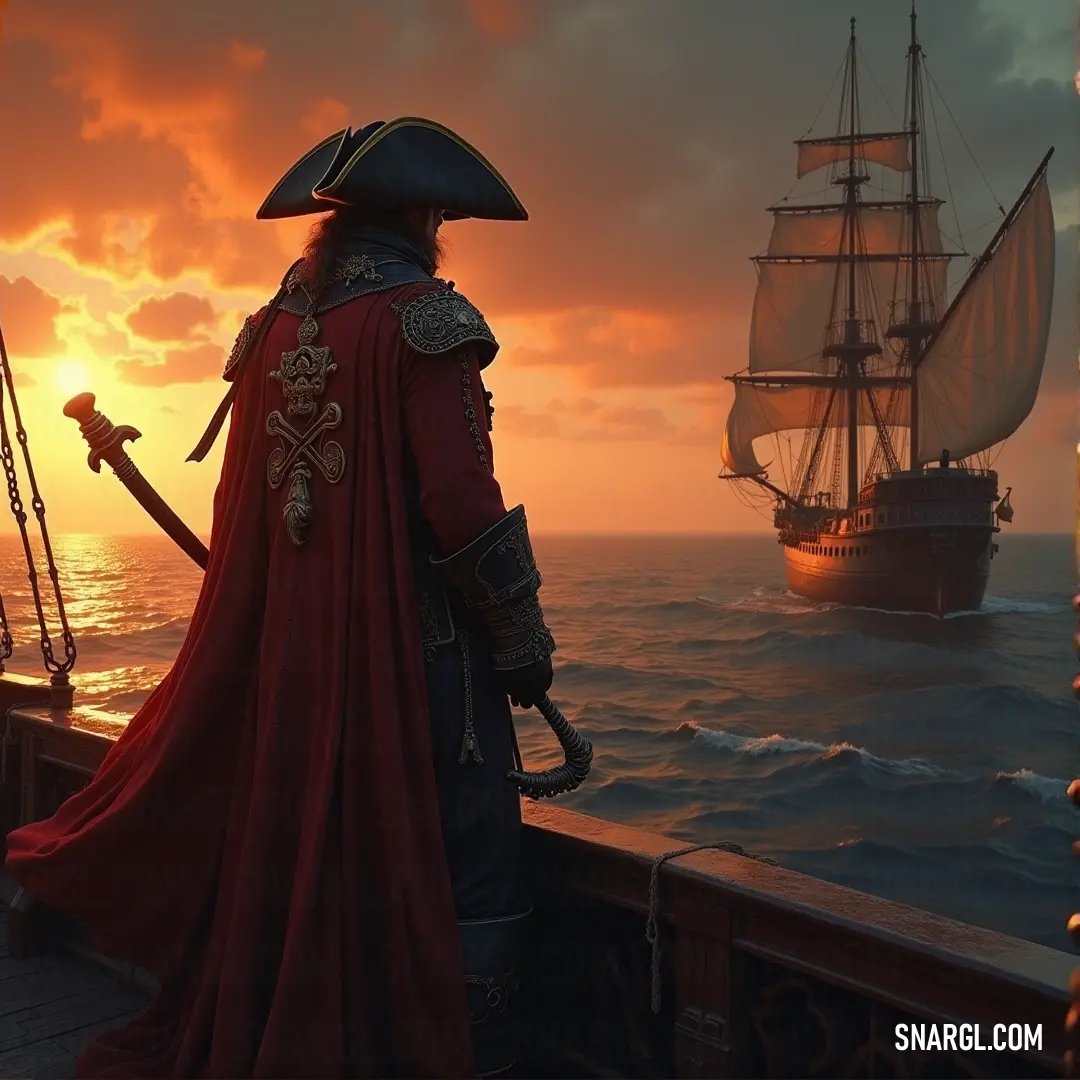 Captain Brook, in a red cape and black hat, gazes intently at a distant ship from the pier. The vast ocean stretches before him, hinting at the endless possibilities for adventure that lie ahead.