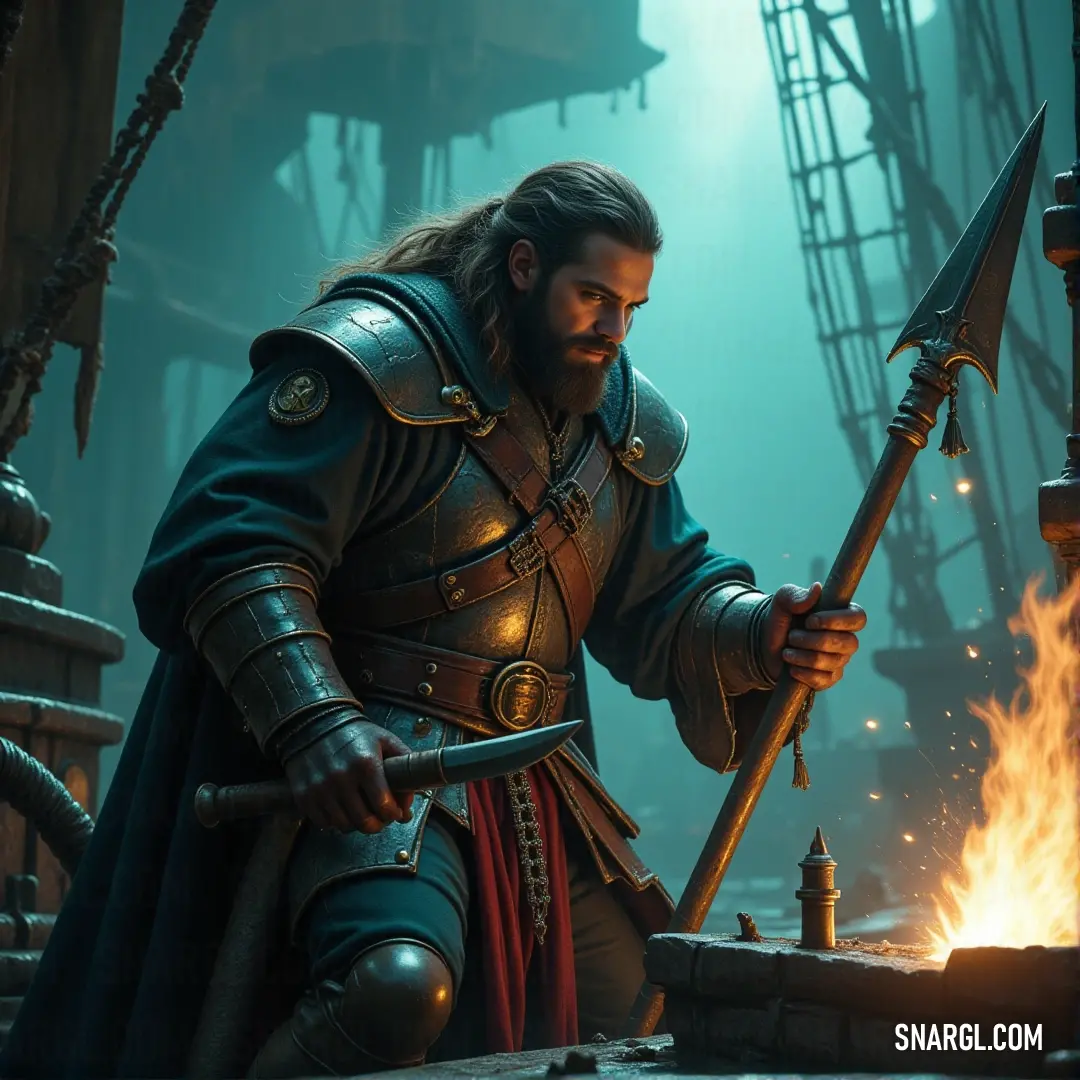 Captain Carver, medieval warrior, holding a sword and torch in a dark room with a ship behind. Captain Carver, clad in medieval armor, stands in a dark room, holding a sword in one hand and a flaming torch in the other. Behind him, a ship's silhouette is faintly visible, hinting at a world of adventure and danger.