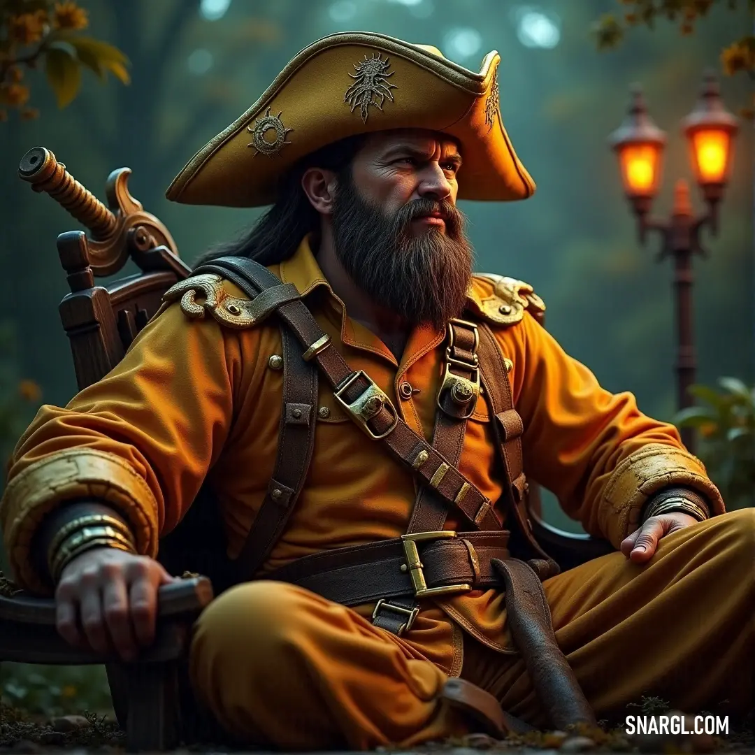 Pirate Captain at Rest, Sword in Hand, Lantern Casting Light in the Shadows A rugged pirate captain sits confidently in a sturdy wooden chair, his weathered hand gripping a gleaming sword while a dim lantern flickers in the background, casting shadows that dance across his coat.
