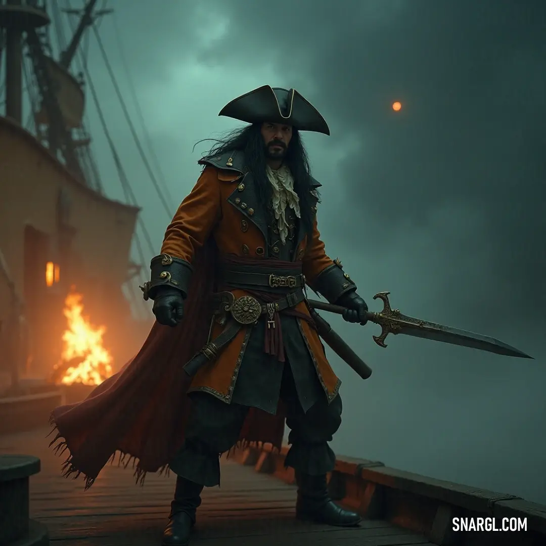 Captain Dagger, standing on a dock with sword drawn, prepares for his next great adventure aboard his waiting boat. Captain Dagger stands on the dock, sword in hand, his pirate costume in full display as he gazes at the boat waiting to sail. The scene captures his readiness to embark on another legendary journey across the sea.