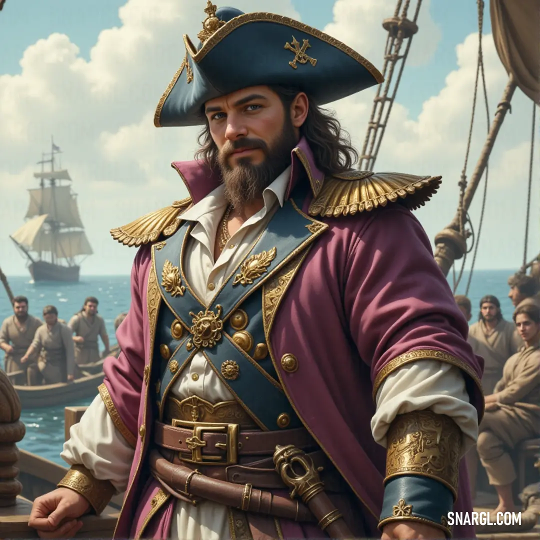 Captain Dusty strikes a heroic pose on the deck of his ship, with a crew working in the background as the ocean breeze sweeps through the sails. A brave pirate captain, dressed in full pirate attire, stands confidently on the deck of a ship, the vast ocean stretching out behind him. A group of men can be seen working in the background as the ship sails through the waves, embodying the adventurous