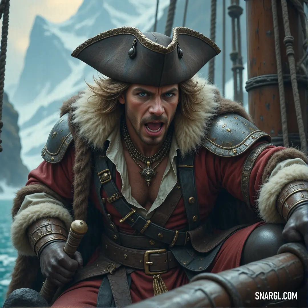 Captain Dusty, pirate adventurer, standing on a boat with mountains in the background. Captain Dusty, dressed in classic pirate garb, stands on his boat as it drifts through calm waters. In the distance, towering mountains rise, their peaks hidden in mist, adding a sense of mystery to his journey.