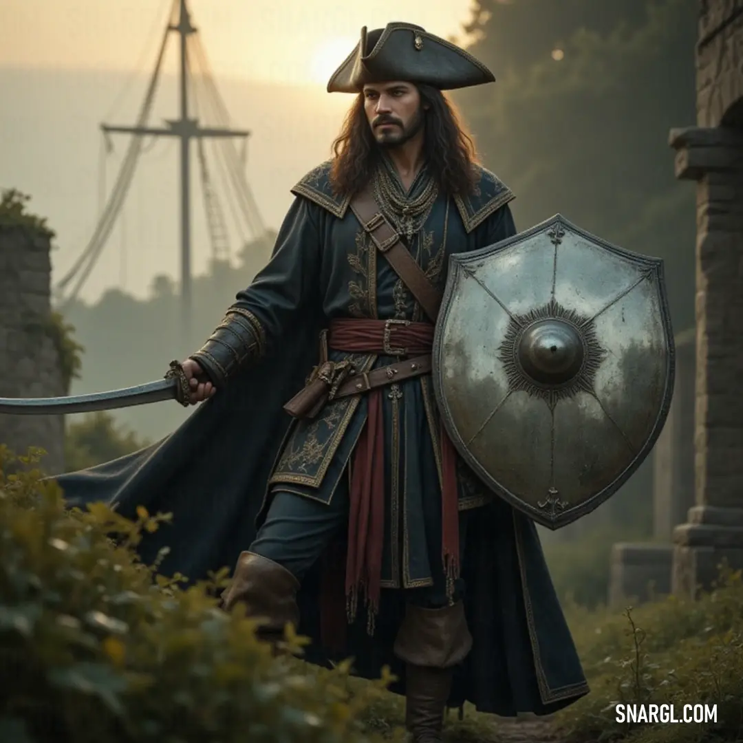 A pirate captain, sword and shield in hand, stands tall on his ship, ready for battle as the sea stretches out before him. A pirate captain, dressed in full regalia, grips both sword and shield, standing triumphantly on his ship. The ship sails boldly behind him, while the captain's powerful stance exudes the might and spirit of a true warrior.