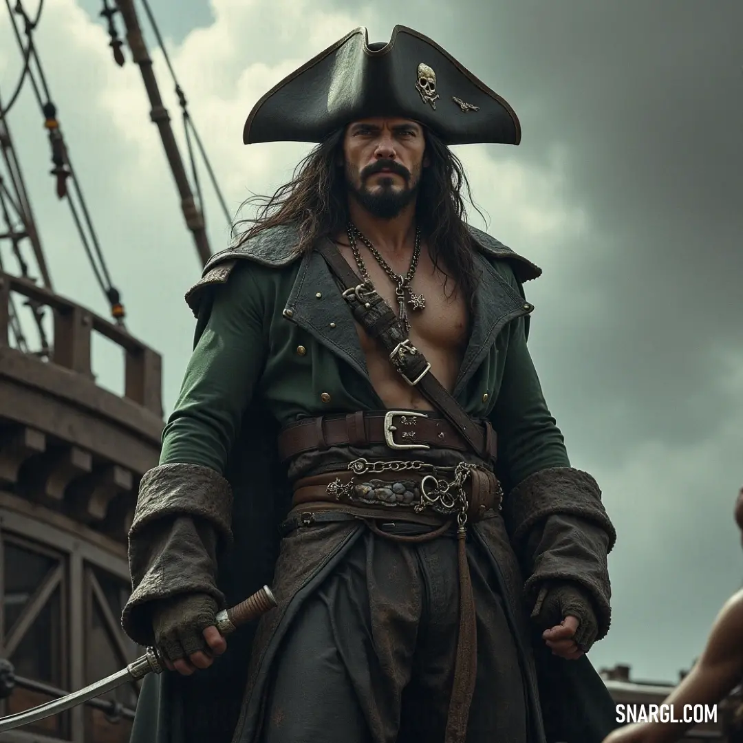 A pirate stands at the helm of his ship, sword in hand, with the open sea before him and adventure calling at every wave. A pirate dressed in a rugged outfit stands at the helm of his ship, a sword firmly in hand, surveying the endless sea. His figure stands strong against the backdrop of a churning ocean, ready for the next battle on the horizon.
