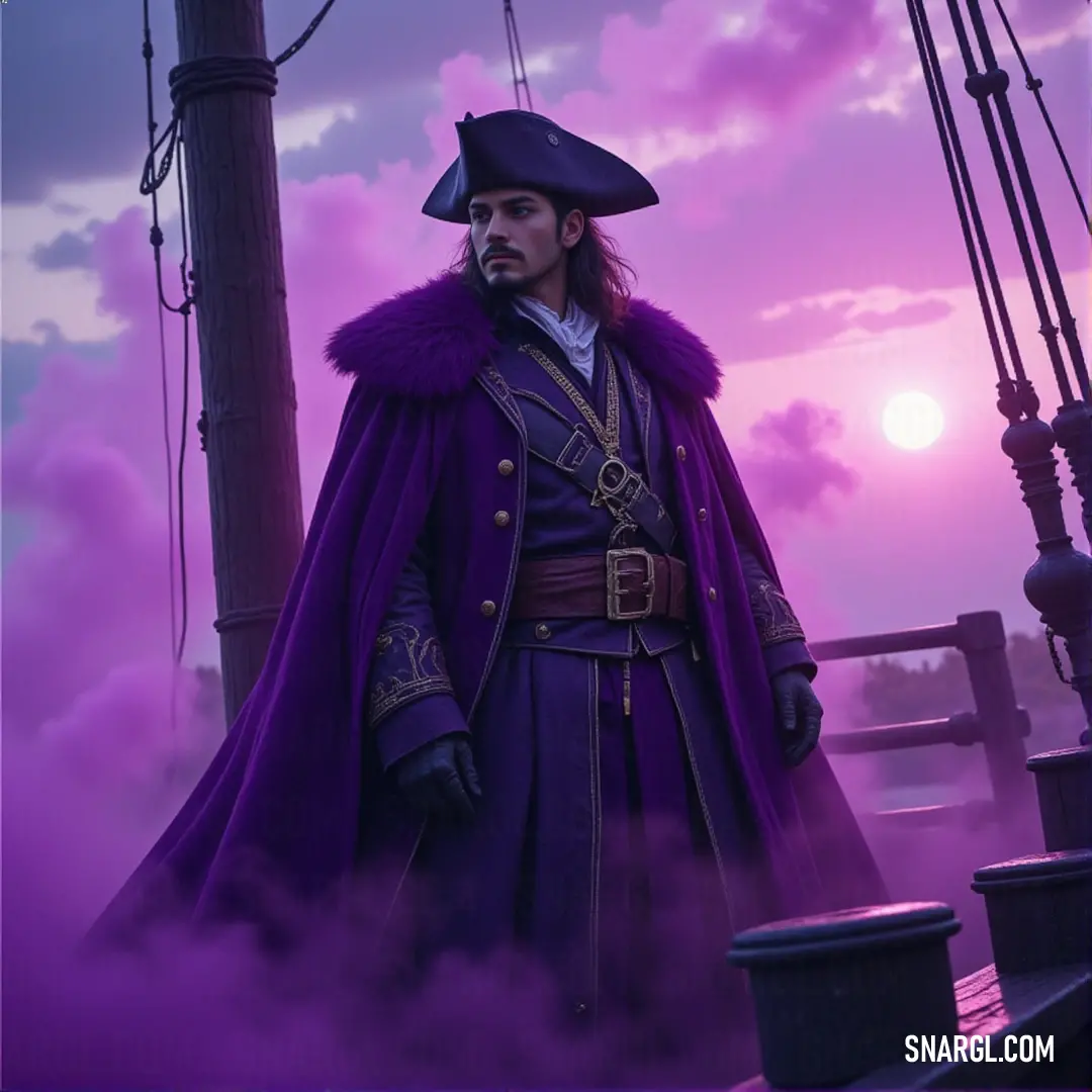 A captain in a striking purple outfit stands on a boat during a breathtaking sunset, his powerful gaze sweeping over the serene ocean. A fearsome captain stands on the deck of a boat, his purple outfit glowing against the vibrant hues of a sunset. The purple sky above mirrors the intensity of the captain's presence as he gazes across the calm ocean.