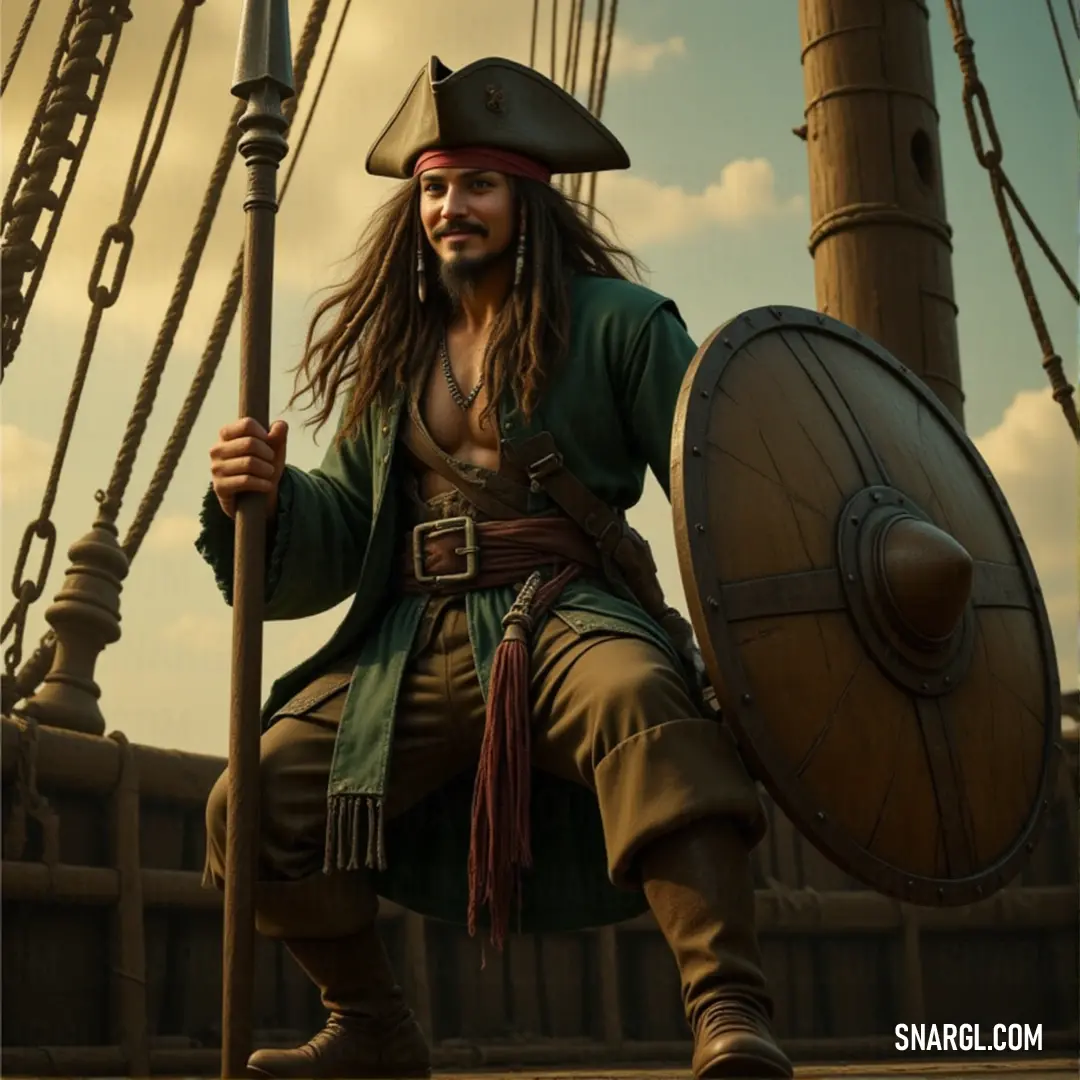 A brave pirate in a bold costume, gripping a sword and shield, stands on a ship's deck surrounded by ropes, prepared for a daring sea journey. A fierce pirate in a wild costume, holding a sword in one hand and a shield in the other, stands boldly on a wooden ship deck surrounded by thick ropes, ready for an adventure on the high seas.