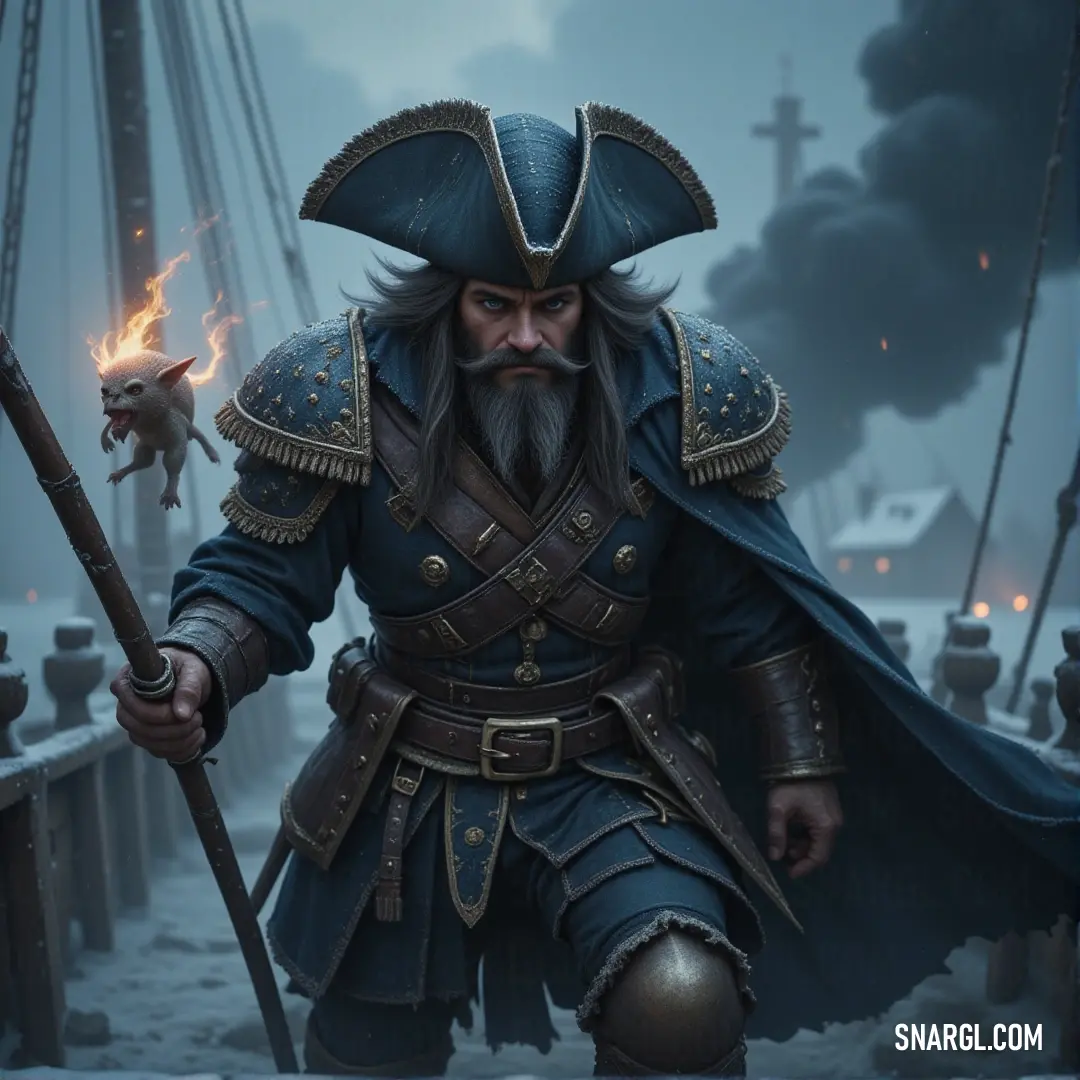 Captain Knox, in a playful pirate costume, holding a sword and a mouse, standing on a pier as if preparing for a daring journey. Captain Knox, dressed as a pirate, stands confidently on a pier, holding a sword in one hand and a mouse in the other, ready for adventure in a whimsical scene.