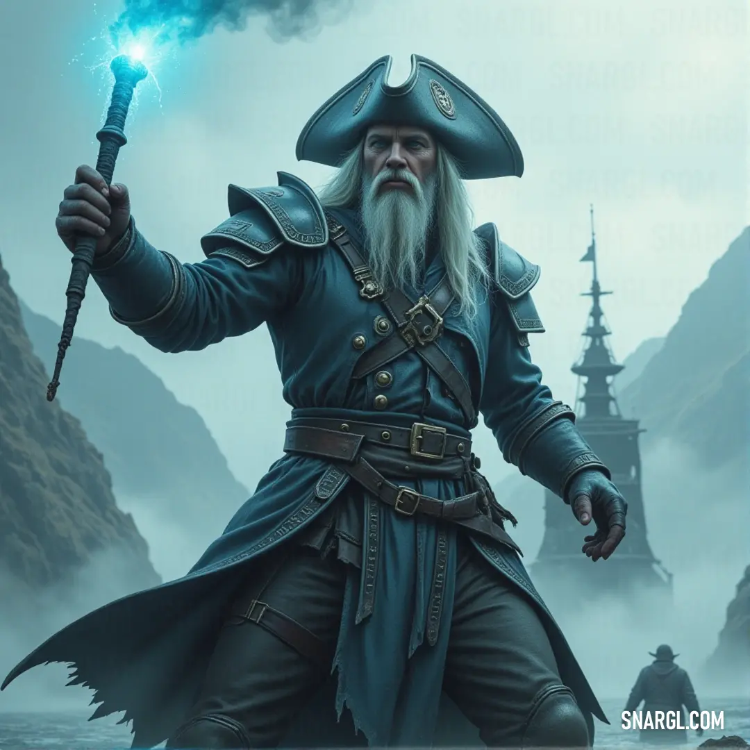 A commanding pirate captain holds a sword and a blue flame, standing in a mist-filled forest. His presence is both formidable and magical, with the surroundings enhancing his mystique. A pirate captain with a long white beard holds a sword in one hand and a blue flame in the other. The misty forest backdrop enhances the mysticism of the scene, with an aura of both power and mystery.