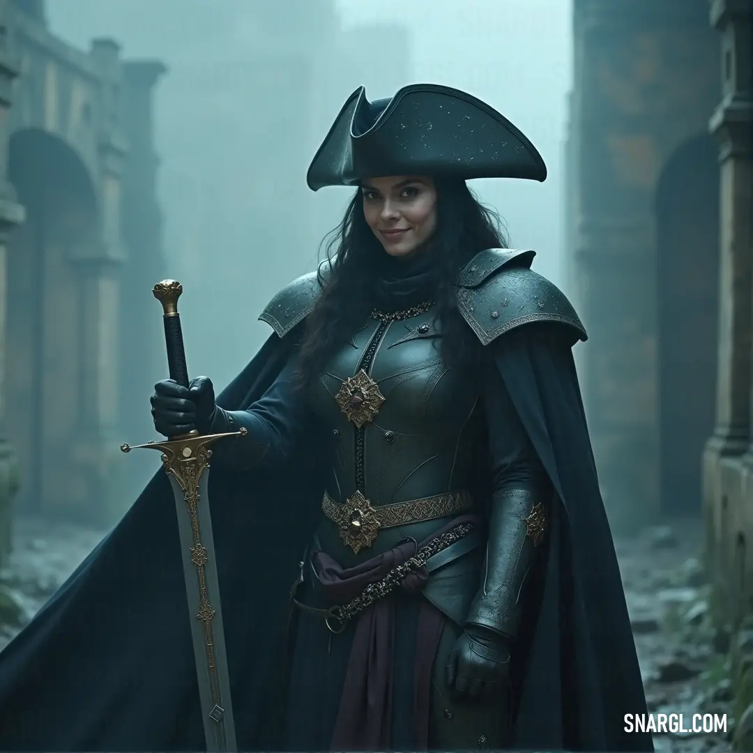 Captain Nero, with a black outfit and sword in hand, wears a black hat as a symbol of her authority, her gaze a clear declaration of readiness to take command and venture into uncharted waters. Captain Nero, clad in a sharp black outfit, grips a sword confidently in one hand while a black hat completes her formidable look. Her expression exudes authority, ready to lead her crew into unknown territories.