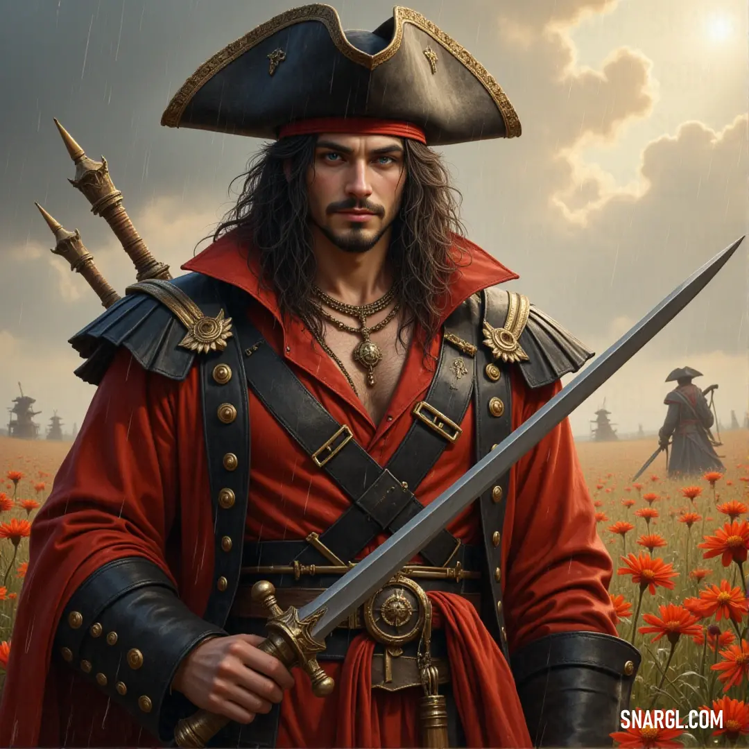In a field of blooming flowers, Captain Nero holds two swords aloft, his pirate costume standing out against the golden backdrop of the setting sun, a true warrior in nature's embrace. Captain Nero stands confidently in a field of vibrant flowers, two swords held high in his hands. The warm glow of the sun casts a golden light over the scene, highlighting his striking pirate costume, ready to face whatever challenges come his way.