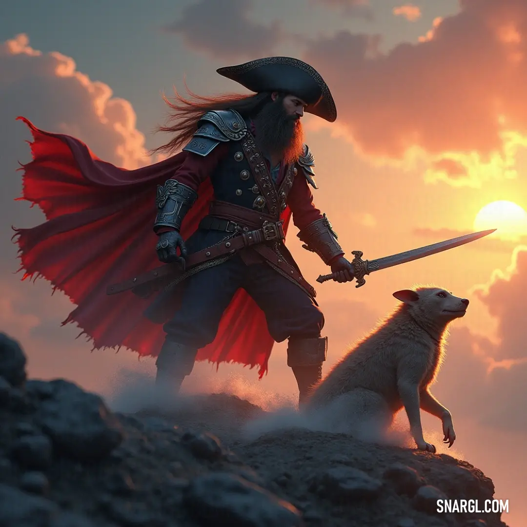 Captain Oceanus, in a pirate costume with a sword, standing on a hill with his dog by his side. Captain Oceanus stands proudly on a hill, dressed in a pirate costume. With a sword in hand and a dog by his side, the scene evokes a sense of adventure and daring in the wild, open landscape.