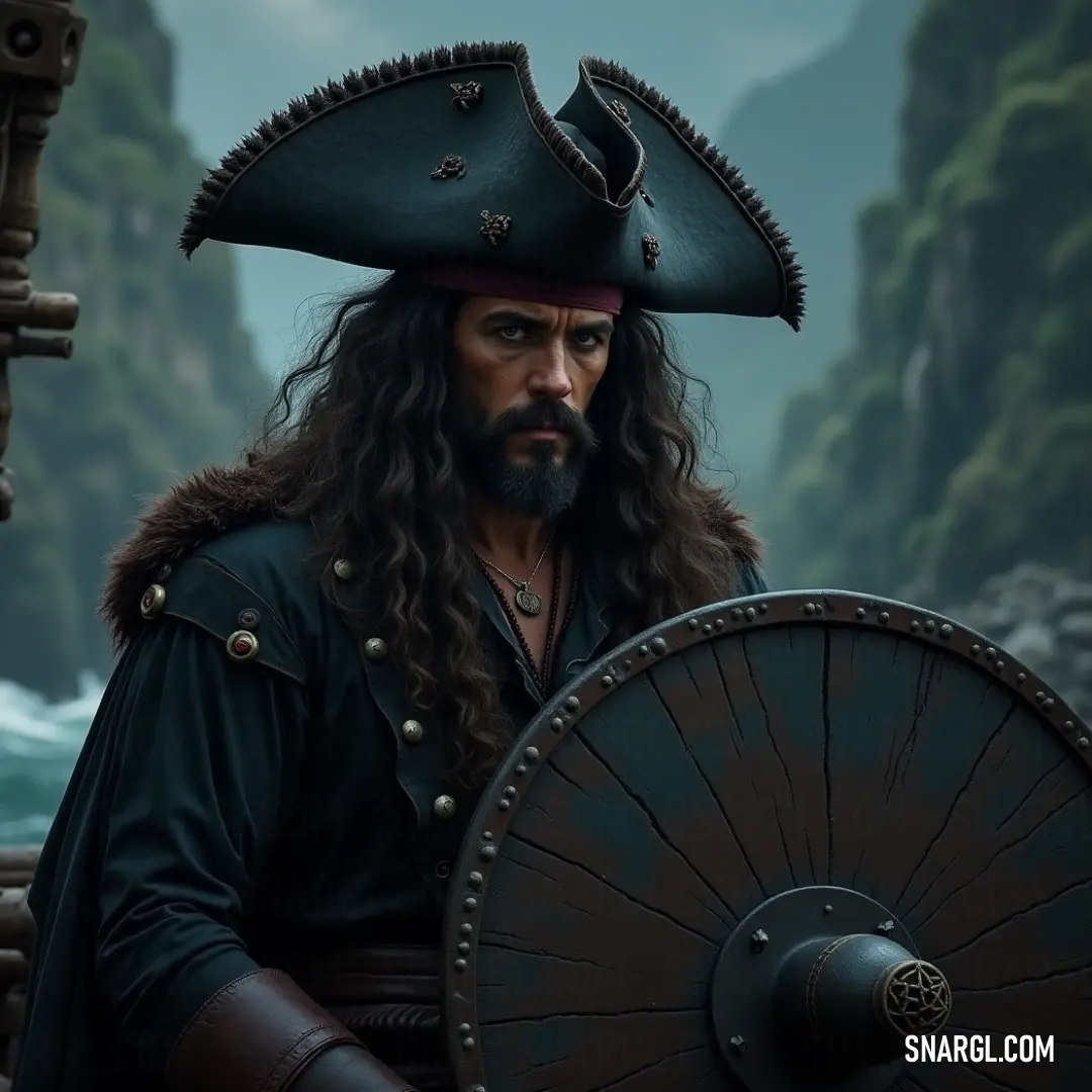 In a stunning mountain setting, a pirate captain proudly holds a sword and shield, exuding strength and valor. Clad in a striking costume, he stands resolutely, ready to defend his treasures against any challengers as the wind rustles around him.