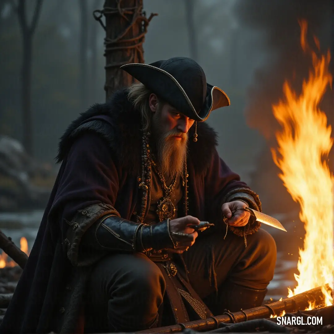 In front of a crackling fire, Captain Rainer, wearing his pirate hat, grips a sword with both hands. The flickering flames dance in the background, casting shadows over his determined expression as the night deepens around him.