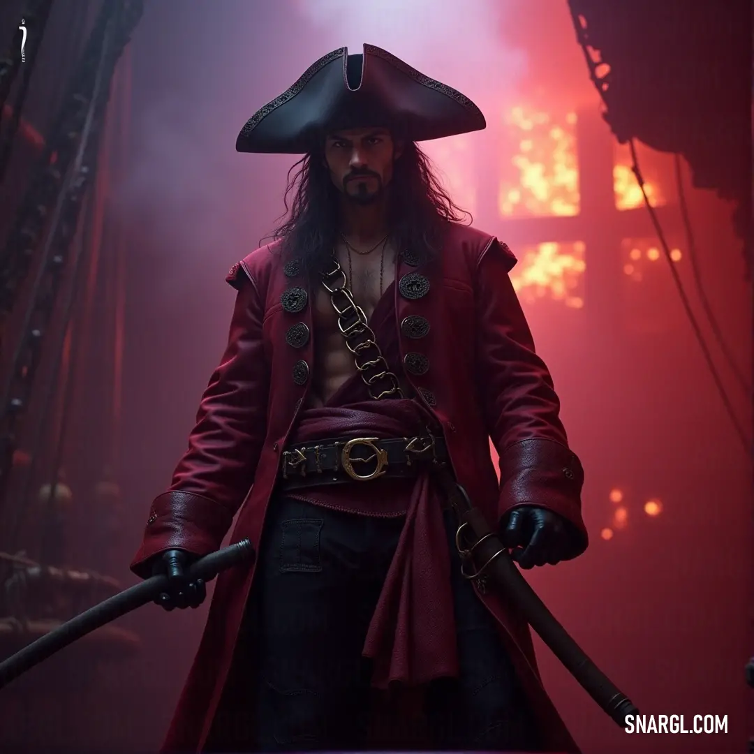 A pirate captain, sword in hand, stands alone in a foggy world, his determination unwavering as the mist surrounds him. In a misty, fog-filled area, a pirate captain stands confidently, gripping a sword with one hand. The atmosphere is thick with mystery, and the captain's piercing gaze suggests he's prepared for any challenge.