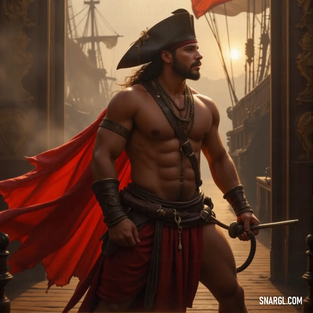 At sunset, a pirate captain stands on deck, holding his sword and flag as the fiery sky sets the stage for his next adventure. A pirate captain stands on the deck of his ship at dusk, gripping both a sword and a flag. The sky above is painted with the fiery colors of sunset, casting a dramatic glow on the scene.
