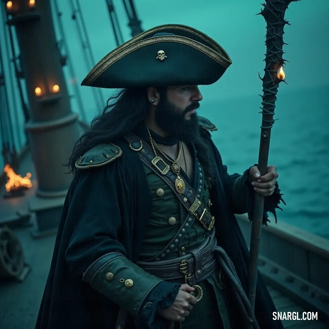 Captain Rourke on a ship, holding a staff and staffel in the midst of the ocean, ready for action on the open seas. Captain Rourke stands at the helm of his ship, a pirate costume clinging to him as he holds a staff and a staffel in the middle of the vast ocean. The churning waves crash against the ship, adding to the sense of adventure and danger in this high-seas esc